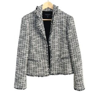Laundry by Shelli Segal Black White Tweed Fringe Trim Blazer Jacket Large